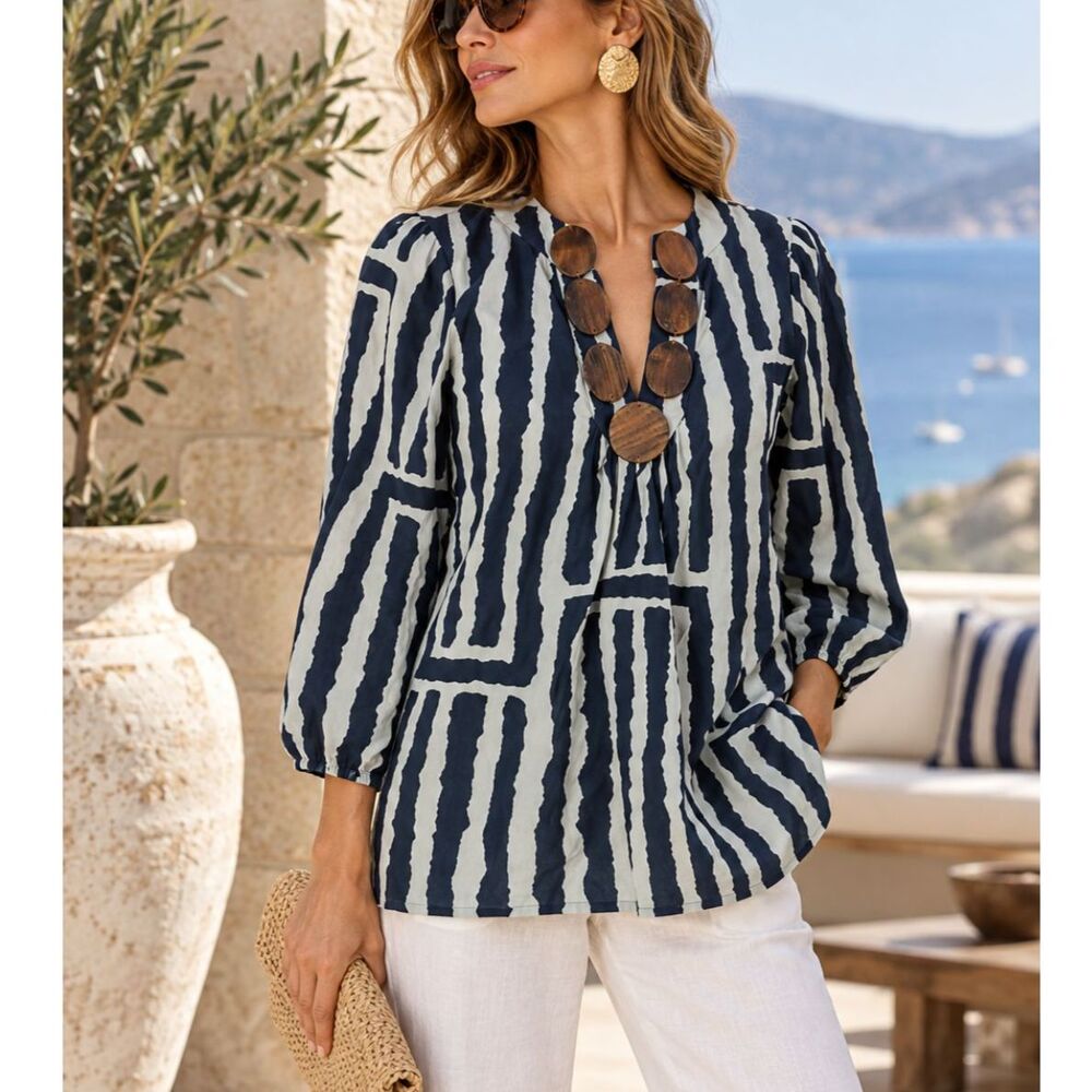 Tibi Silk Tunic Striped Beaded Embellished Blue Top Blouse 3/4 Sleeves 2